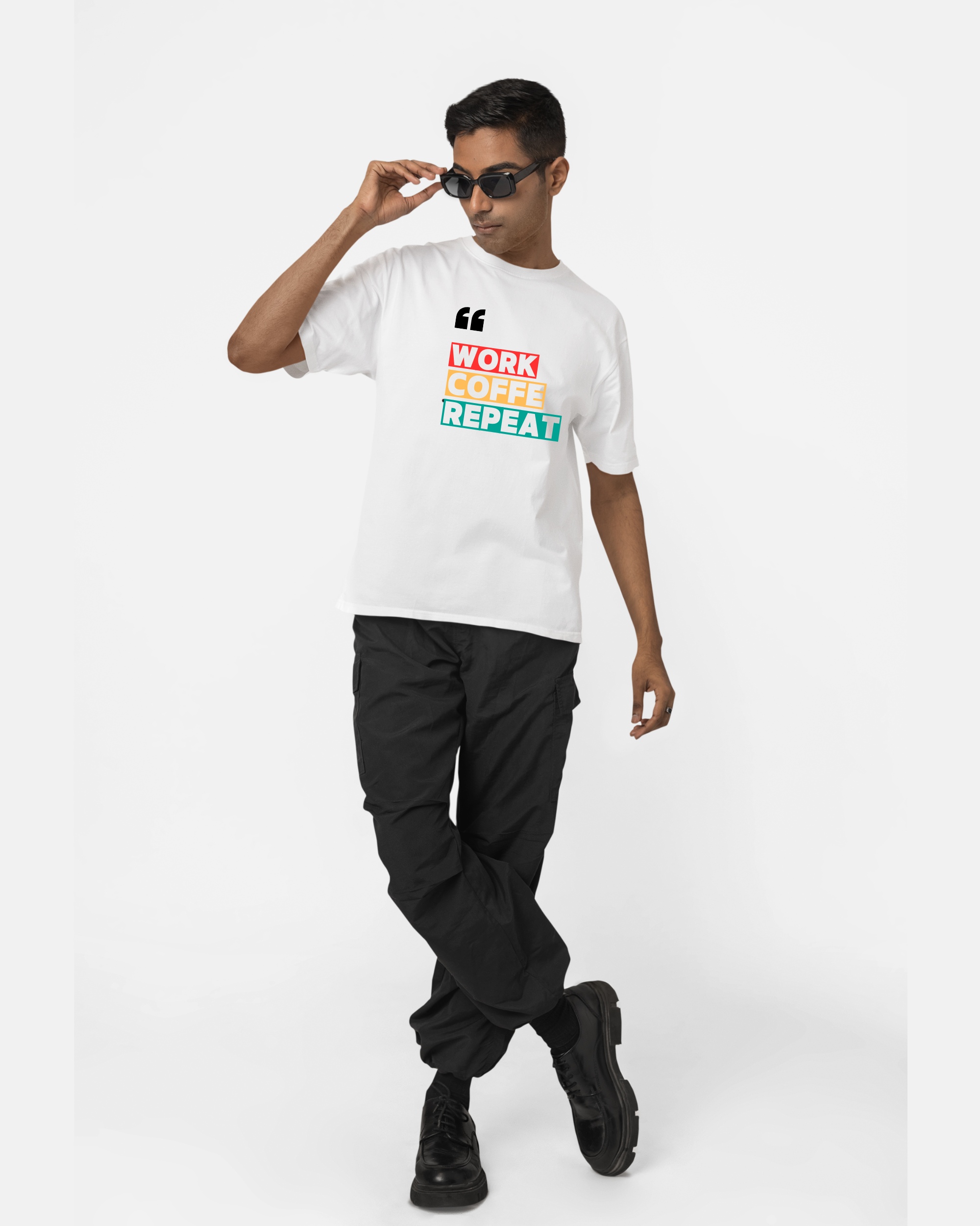 Work Coffee Repeat | Cotton Graphic Print T-Shirt