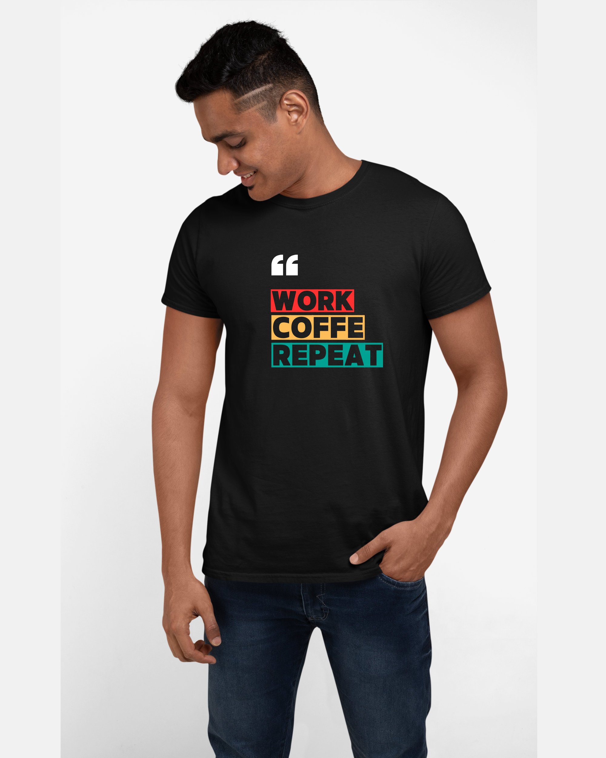 Work Coffee Repeat | Cotton Graphic Print T-Shirt